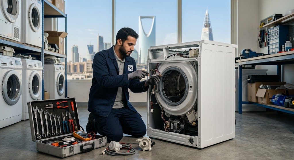 فني متخصص في الأجهزة المنزلية يقدم خدمات احترافية لتلبية طلبات شركة أوتو سبين صيانة غسالات اتوماتيك بالرياض بدقة وكفاءة عالية