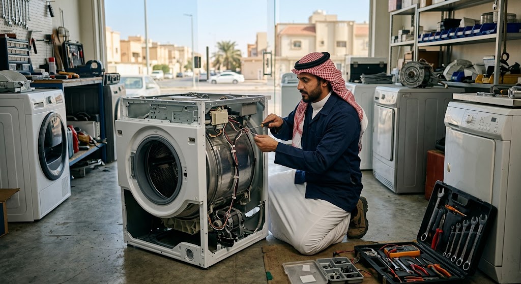 فني متخصص في الأجهزة المنزلية يقدم خدمات احترافية لتلبية طلبات رقم صيانة غسالات اتوماتيك بالرياض بدقة وكفاءة عالية