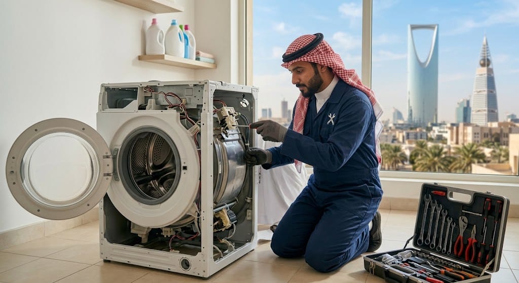فني متخصص في الأجهزة المنزلية يقدم خدمات احترافية لتلبية طلبات تصليح غسالات اتوماتيك بالرياض صيانة بالمنزل بدقة وكفاءة عالية