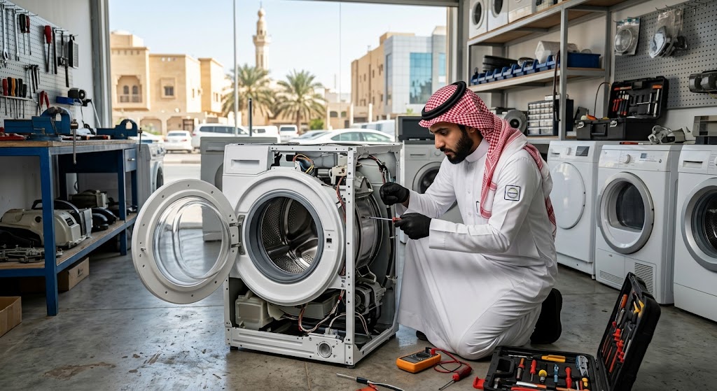 فني متخصص في الأجهزة المنزلية يقدم خدمات احترافية لتلبية طلبات ارخص صيانة غسالات اتوماتيك بالرياض بدقة وكفاءة عالية