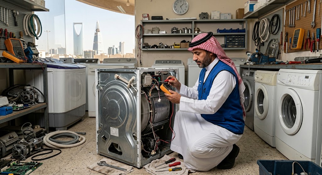 فني متخصص في الأجهزة المنزلية يقدم خدمات احترافية لتلبية طلبات أفضل 3 مراكز صيانة غسالات بالرياض لجميع الأنواع بدقة وكفاءة عالية