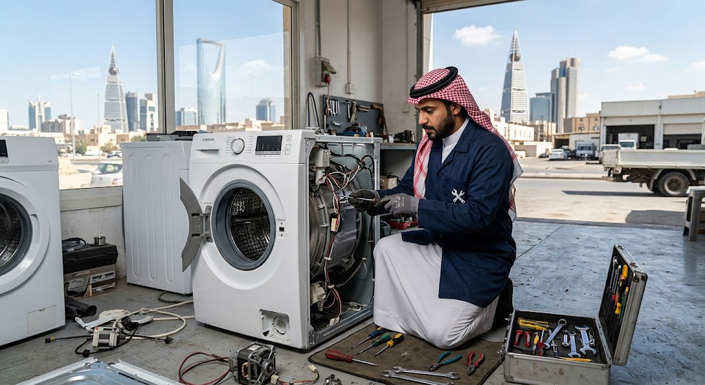 فني متخصص في الأجهزة المنزلية يقدم خدمات احترافية لتلبية طلبات صيانة غسالات حي الملقا الرياض بدقة وكفاءة عالية