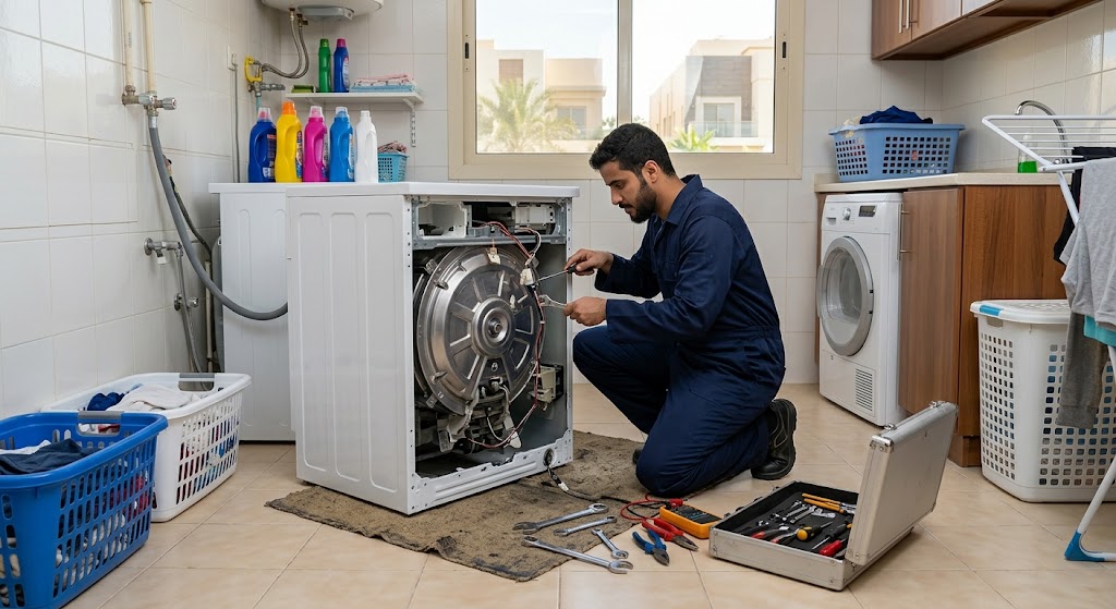 فني متخصص في الأجهزة المنزلية يقدم خدمات احترافية لتلبية طلبات صيانة غسالات حي العقيق الرياض بدقة وكفاءة عالية