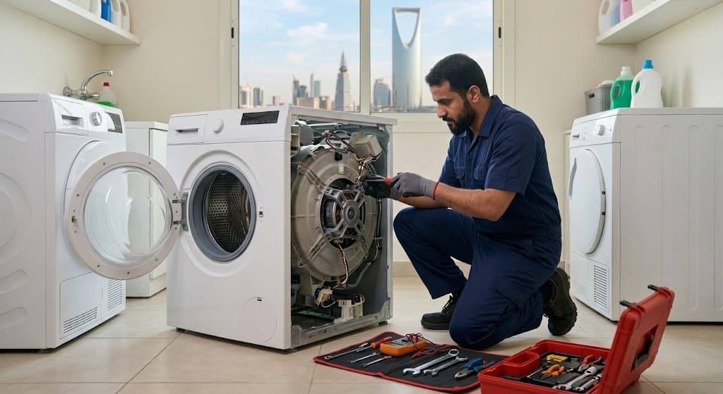 فني متخصص في الأجهزة المنزلية يقدم خدمات احترافية لتلبية طلبات محلات صيانة غسالات بالرياض بدقة وكفاءة عالية