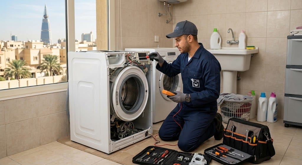 فني متخصص في الأجهزة المنزلية يقدم خدمات احترافية لتلبية طلبات صيانة غسالات حي السعادة الرياض بدقة وكفاءة عالية