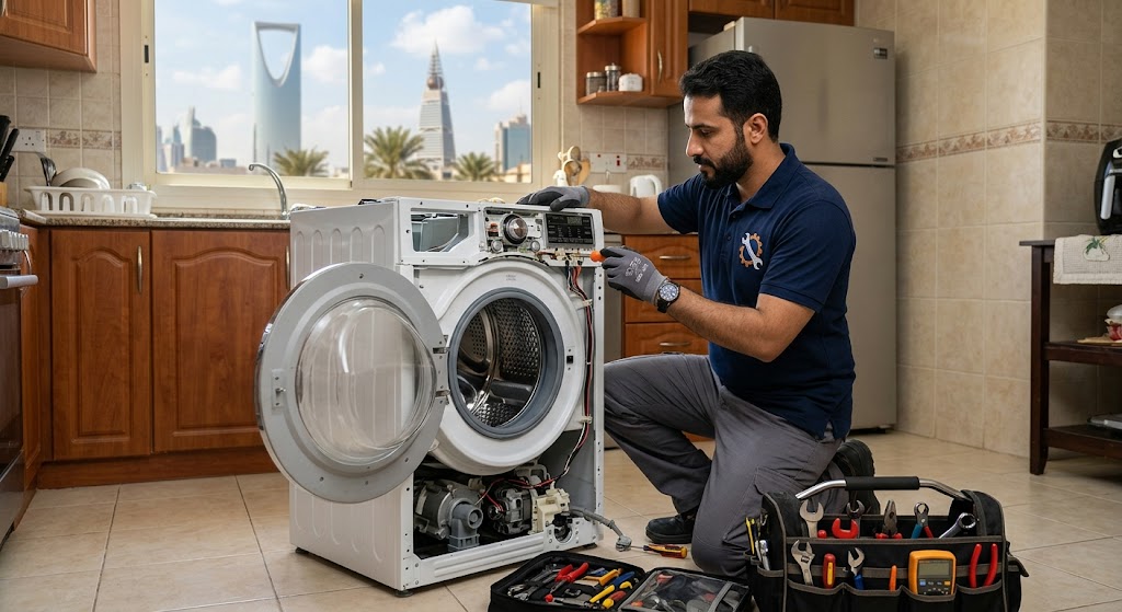 فني متخصص في الأجهزة المنزلية يقدم خدمات احترافية لتلبية طلبات صيانة غسالات حي جرير الرياض بدقة وكفاءة عالية