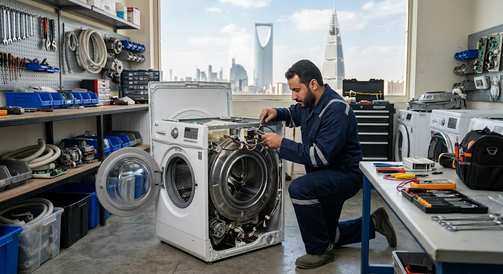 فني متخصص في الأجهزة المنزلية يقدم خدمات احترافية لتلبية طلبات صيانة غسالات حي السفارات الرياض بدقة وكفاءة عالية